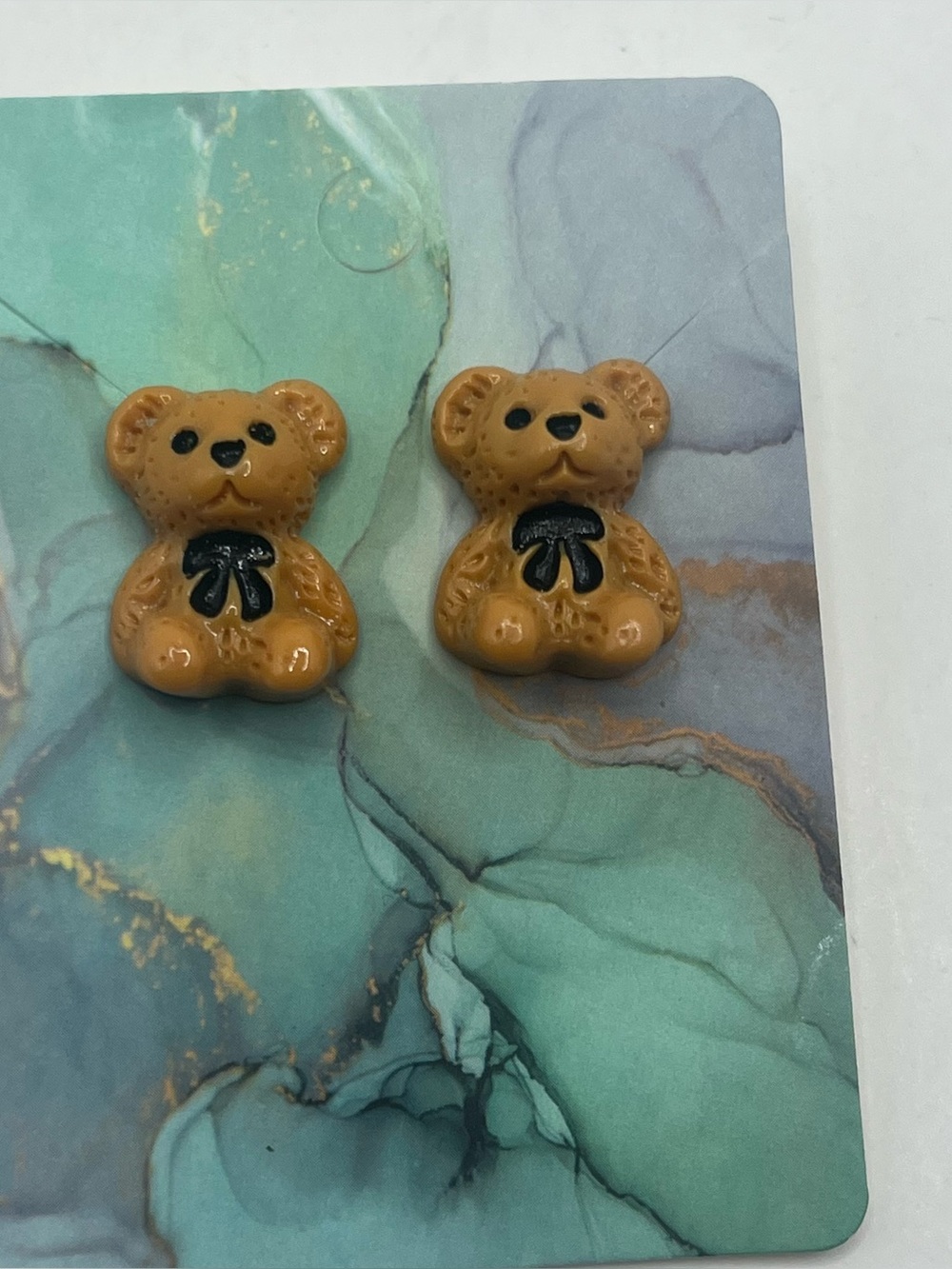 Brown Teddy Bear Stud Earrings with Black Bow Accent